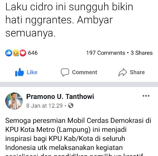 Screenshot akun facebook Komisioner KPU RI Pramono U Tanthowi, Rabu (08/01) malam.