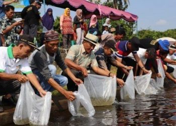 Dinas Perikanan Kabupaten Muba saat menebar benih ikan bantuan dari KKP RI di Danau Ulak Lia tahun 2019, beberapa waktu lalu. (humas pemkab muba)