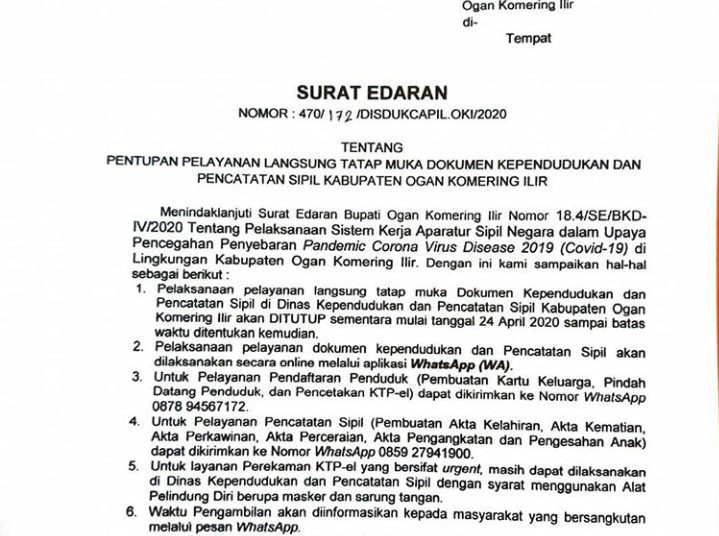 Surat Edaran tentang pelayanan di Disdukcapil OKI. (IST)