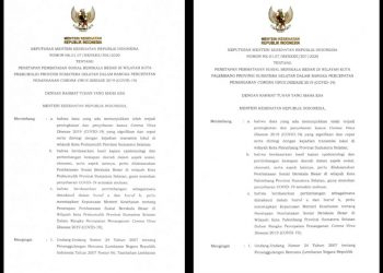 Screenshot kepala surat keputusan Menkes mengenai penetapan PSBB di Kota Palembang dan Kota Prabumulih, Provinsi Sumatra Selatan. (fornews.co/ist)