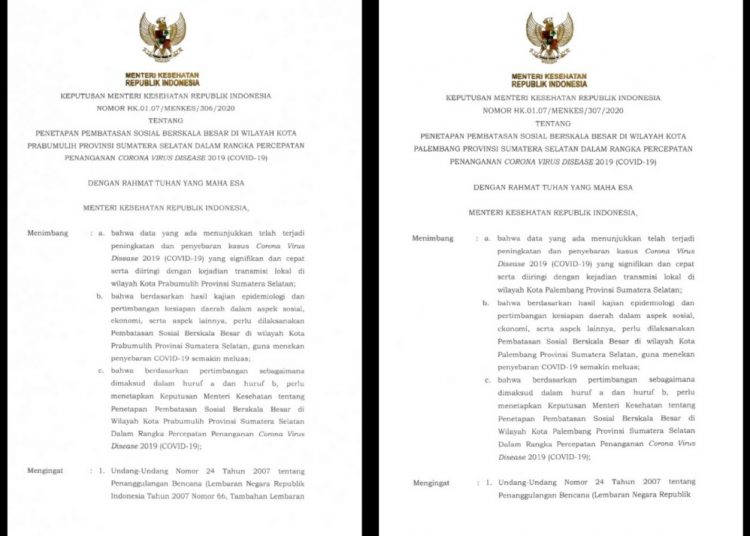 Screenshot kepala surat keputusan Menkes mengenai penetapan PSBB di Kota Palembang dan Kota Prabumulih, Provinsi Sumatra Selatan. (fornews.co/ist)