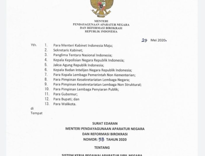 Surat Edaran (SE) Nomor 58 Tahun 2020 tentang Sistem Kerja Pegawai Aparatur Sipil Negara dalam Tatanan Normal Baru yang ditandatangani pada tanggal 29 Mei 2020. (fornewd.co/kementerian PANRB)