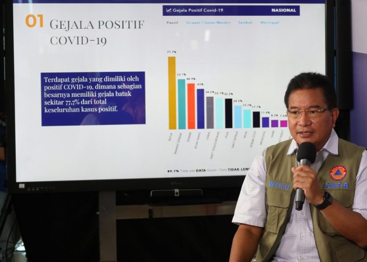 Ketua Tim Pakar Percepatan Penanganan COVID-19 Wiku Adisasmito saat menerangkan Gerakan Kurva Landai di Graha BNPB, Jakarta, Sabtu (09/05). (fornews.co/humas bnpb)