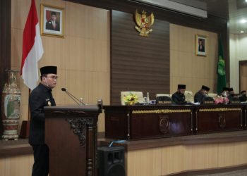 Wakil Bupati Muba, Beni Hernedi saat menyampaikan rancangan Kebijakan Umum Perubahan APBD (KUPA) dan Prioritas Plafon Anggaran Sementara Perubahan (PPASP) Muba di Ruang Rapat DPRD Muba, Senin (06/07).