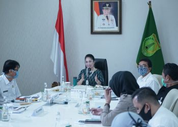 Ketua TP PKK Kabupaten Muba Thia Yufada menyampaikan masukan pada rapat Sinkronisasi Program Pariwisata, Ruang Terbuka Hijau dan Budaya di Kabupaten Muba, di Ruang Rapat Guest House Griya Bumi Serasan Sekate, Kamis (23/07). (fornews.co/humas pemkab muba)