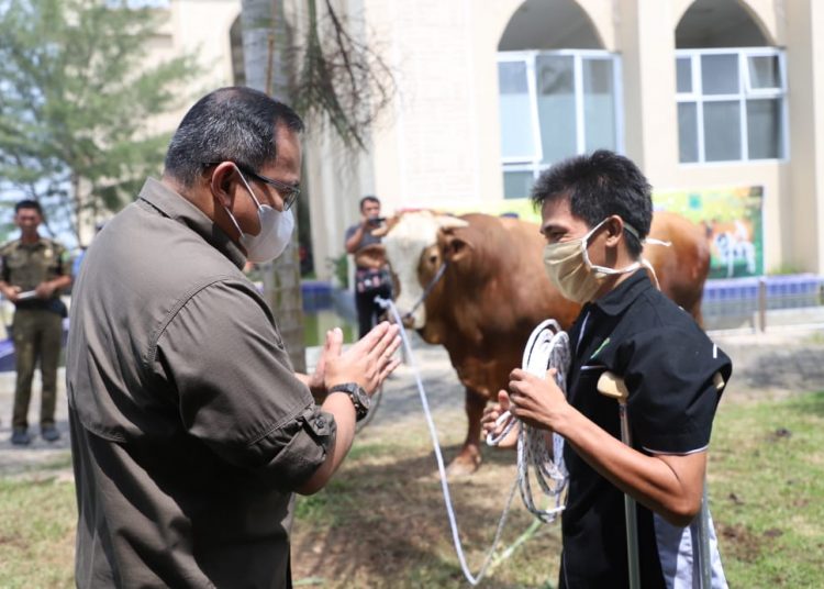 Bupati Muba Dodi Reza Alex menyerahkan hewan kurban kepada Bendahara Persatuan Penyandang Disabilitas Indonesia (PPDI) Kabupaten Muba Aswandi, Kamis (30/07). (fornews.co/humas pemkab muba)