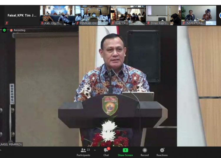 Ketua KPK Firli Bahuri, saat rapat monev pelaksanaan program pemberantasan korupsi terintegrasi dengan seluruh pemda se-Sumsel, Kamis (9/7). (fornews.co/humas kpk)  