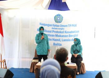 Ketua Umum Tim Penggerak Pemberdayaan Kesejahteraan Keluarga (TP PKK) Tri Tito Karnavian saat mengkampanyekan protokol kesehatan pencegahan penularan COVID-19 di Kelurahan Batu Besar, Kota Batam, Kepulauan Riau (Kepri), Selasa (10/11). (fornews.co/humas kemendagri)