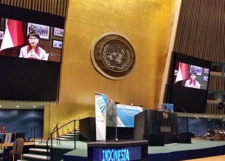 Menteri Luar Negeri (Menlu) Retno Marsudi pada Sesi Khusus Sidang Majelis Umum PBB untuk menanggapi pandemi COVID-19 yang diselenggarakan secara virtual dari New York tanggal 3-4 Desember 2020. (fornews.co/kemlu)