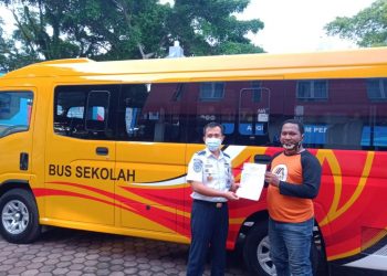 1 unit bus sekolah bantuan dari Kemenhub RI telah tiba di Sekayu, Kabupaten Muba, Jumat (11/12). (fornews.co/humas pemkab muba)