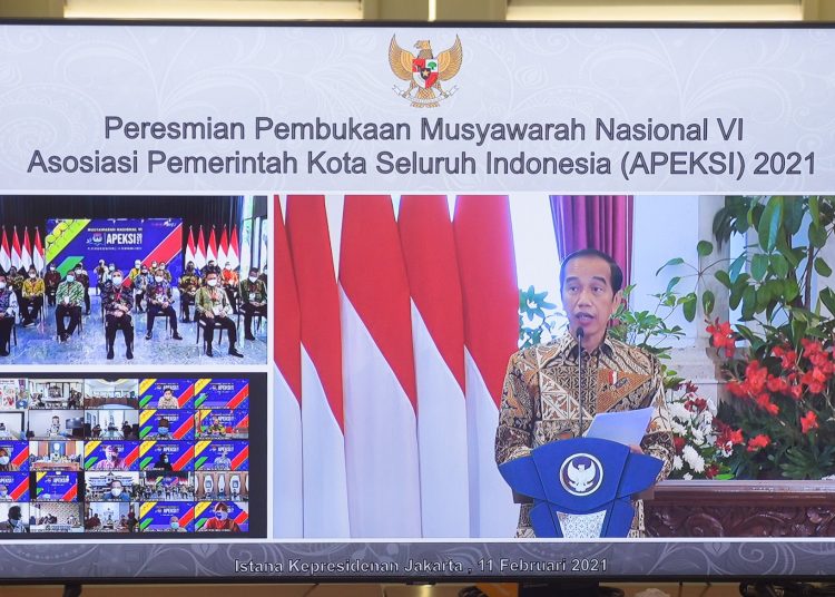 Presiden Jokowi membuka Munas VI Apeksi Tahun 2021, di Istana Negara, Jakarta, Kamis (11/02/2021). (fornews.co/foto: Humas Setkab/Agung)