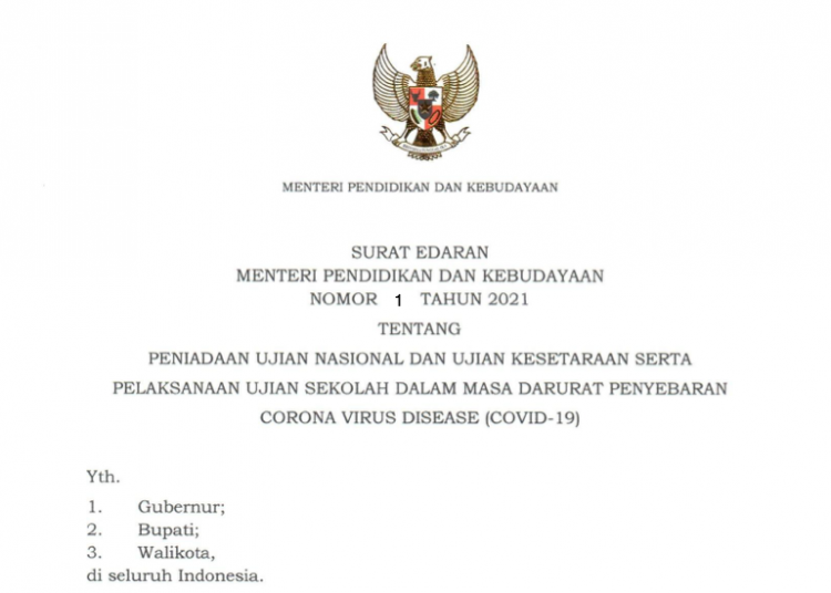 Surat edaran (SE) Mendikbud Nomor 1 Tahun 2021