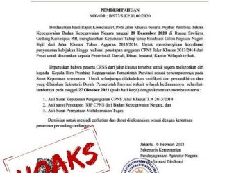 Surat pengangkatan CPNS Jalur Khusus yang beredar di WhatsApp dipastikan Kementerian PANRB hoaks. (fornews.co/humas kementerian panrb)