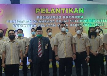 Prosesi pelantikan Pengprov POBSI Sumsel oleh Ketua Umum B POBSI, Hari Tanoesoedibjo secara virtual, di Plaza Biliar, Internasional Plaza, Rabu (24/03/2021). (fornews.co/ist)