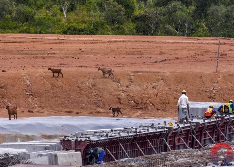 Kambing ternak warga melintas di dekat pekerja yang sedang menyelesaikan pengerjaan pembangunan proyek Jalan Tol Trans Sumatra Zona 1 di Desa Palem Raya Kecamatan Indralaya Utara, Kabupaten Ogan Ilir, Provinsi Sumatra Selatan. Foto diabadikan di jalan tol ruas Indralaya - Prabumulih sepanjang 64,8 kilometer yang merupakan rangkaian JTTS koridor Palembang - Bengkulu, Rabu (17/3/2021). (matakamera/fornews.co/mushaful imam)