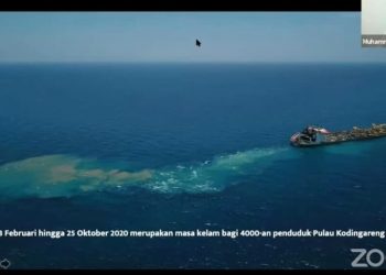 Tangkapan layar paparan kondisi penduduk Pulau Kodingareng dalam Launching Koalisi Save Spermonde secara virtual, Selasa (9/3/21). (fornews.co/ist/youtube Walhi Nasional)