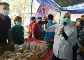 Wakil Wali Kota Palembang Fitrianti Agustinda saat meninjau pelaksanaan bazar murah di Kelurahan Talang Aman, Kecamatan Kemuning, Kamis (22/4/2021). (fornews.co/bakohumas palembang)