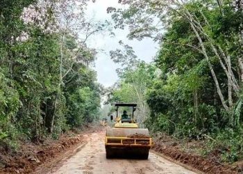 Operator alat berat melakukan pengerasan ruas Jalan Sri Damai - Mekar Jaya, Kecamatan Keluang. (fornews.co/humas pemkab muba)