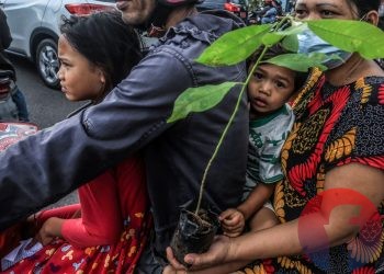 Pengendara membawa bibit yang dibagikan. (matakamera/fornews.co/mushaful imam)