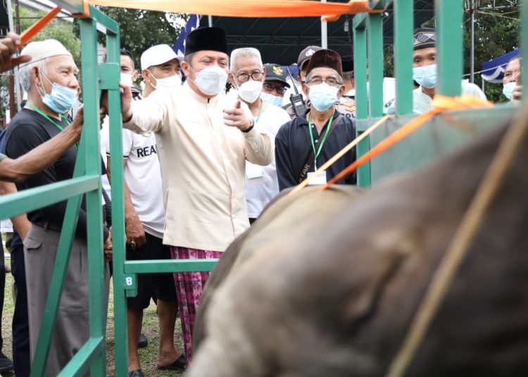 Gubernur Sumsel, Herman Deru, saat memperhatikan alat bantu potong hewan kurban di di Masjid Al Falah Talang Gading Kecamatan Kalidoni, Palembang, Selasa (20/7/2021). (fornews.co/humas pemprov sumsel)