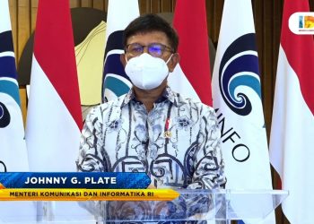 Menkominfo Johnny G. Plate, saat berbicara pada IDC 2021 yang digelar AMSI secara virtual, Kamis (25/11/2021). (fornews.co/ist)