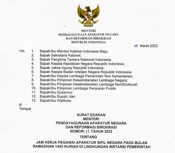 SE yang diterbitkan Menteri PANRB, terkait jam kerja ASN selama Ramadan 1443 H. (fornews.co/tangkap layar)