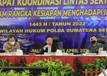 Gubernur Sumsel Herman Deru, didampingi Kapolda Sumsel dan Pangdam II Sriwijaya, saat mengikuti penyerahan sertifikat tanah wakaf secara virtual yang dihadiri langsung Wapres RI, Prof KH Ma’ruf Amin, dari Graha Auditorium Bina Praja, Palembang, Senin (25/4/2022). (fornews.co/humas pemprov sumsel)