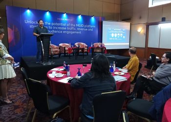 Sekjen AMSI Wahyu Dhyatmika saat berbicara pada media gathering antara AMSI dan MGID bersama 100 pengelola dan pemilik media siber di Jakarta, Rabu (22/2/2023). (fornews.co/ist)