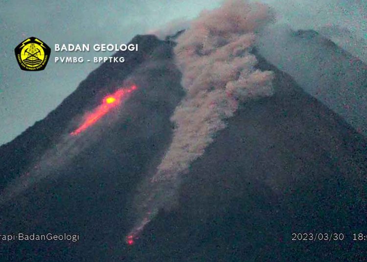 MERAPI kembali memuntahkan awan panas guguran pada Kamis petang ke arah Kali Boyong pukul 18.04 WIB yang sebelumnya juga terjadi pukul 15.22 WIB ke jalur kali yang sama. (foto fornews.co/badan geologi)