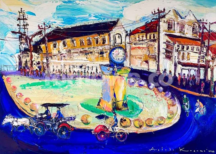 NGEJAMAN salah satu lukisan karya pelukis perempuan Astuti Kusumo yang menjadi gambar prangko seri Malioboro yang diterbitkan oleh Pemerintah Kota Yogyakarta pada 7 Juni 2023. (foto fornews.co/dokumentasi pribadi astuti kusumo)