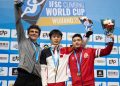 Climber Indonesia, Kiromal Katibin (kanan), usai pengalungan medali untuk nomor Speed Putra pada IFSC World Cup Wujiang Cina 2024. (fornews.co/ist)