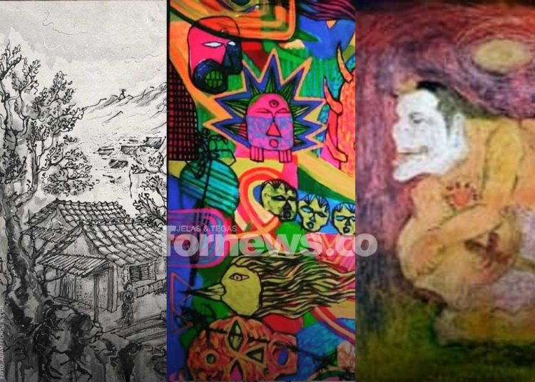 TIGA di antara puluhan lukisan yang bakal dilelang pada Pameran Lukisan bertajuk “Hamemayu Hayuning Bangsa” di Gandu Resto, Berbah, Sleman, tanggal 27–28 Desember 2025, disusul pameran umum hingga 4 Januari 2026. (foto fornews.co/adam)