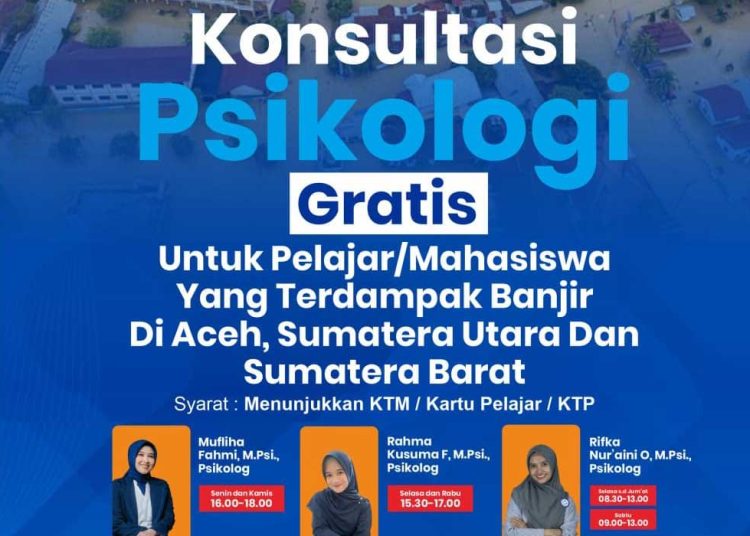 POSTER layanan konsultasi gartis untuk pelajar dan mahasiswa dari keluarga terdampak bencana di Aceh-Sumatra. (foto fornews.co/pku muhammadiyah)