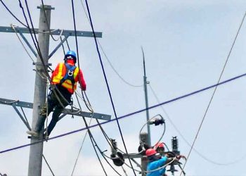 PETUGAS PLN tampak memperbaiki jaringan kabel listrik. (foto fornews.co/pln)
