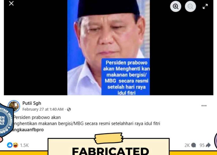 UNGGAHAN akun Facebook “Putii Sgh” pada 27 Februari 2026 yang menampilkan foto lama disertai narasi bahwa program MBG akan dihentikan setelah Idulfitri. (foto fornews.co/turnbackhoax.id )