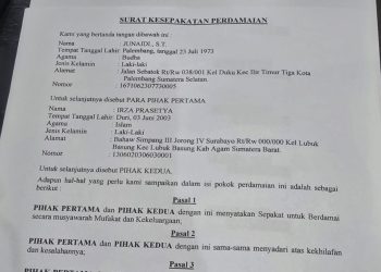 Penampakan Surat Kesepakatan Perdamaian lewat mekanisme RJ antara Junaidi alias Ajun dan Irza Prasetya, yang digelar di Mapolrestabes Palembang, Sabtu (6/6/2026) malam. (fornews.co/ist)