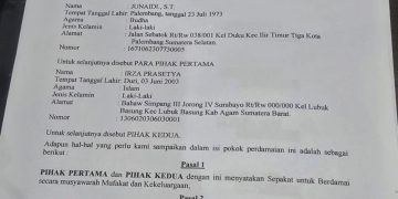 Penampakan Surat Kesepakatan Perdamaian lewat mekanisme RJ antara Junaidi alias Ajun dan Irza Prasetya, yang digelar di Mapolrestabes Palembang, Sabtu (6/6/2026) malam. (fornews.co/ist)