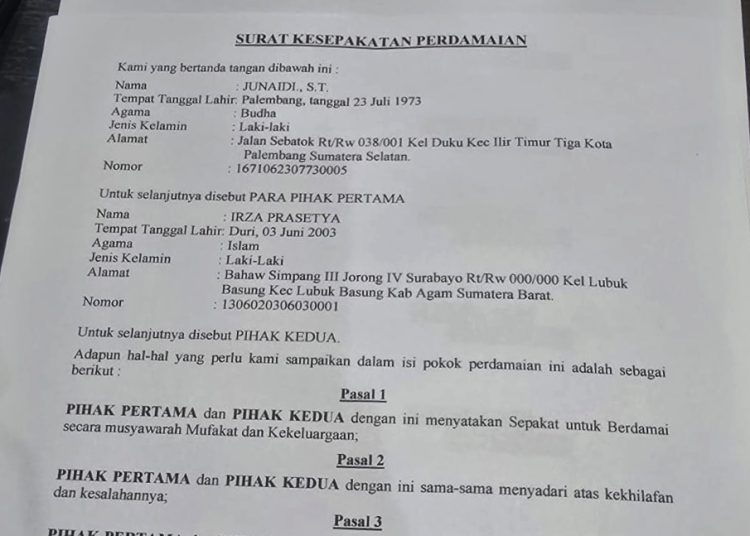 Penampakan Surat Kesepakatan Perdamaian lewat mekanisme RJ antara Junaidi alias Ajun dan Irza Prasetya, yang digelar di Mapolrestabes Palembang, Sabtu (6/6/2026) malam. (fornews.co/ist)