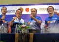 SEARAH jarum jam, dari kiri Akbar Mia, M.Si (Analis Kebijakan Ahli Madya Kemenpora RI), Yayat Suyatna, S.Pd, M.Pd (Asisten Deputi Olahraga Masyarakat Kemenpora RI), Kus Endarto, SE, M.Ec.Dev (Kabid Pemasaran Dinas Pariwisata Sleman), dan Handono Suyatno Putro (GM Hotel Loman Park) dalam jumpa pers dengan awak media di Loman Park Hotel Jogja, Senin sore, 24 Agustus. (foto fornews.co/adam)