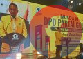 Ketua DPD Golkar Sumsel periode 2026-2031 terpilih, Andie Dinialdie menyampaikan pidato pertamanya, diakhir Musda XI Partai Golkar Sumsel, di Ballroom Aryaduta Hotel, Palembang, Minggu (2/8)2026) malam. (fornews.co/foto: Sidratul Muntaha)