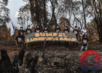 Sejumlah aktivis lingkungan WALHI Sumsel membentangkan spanduk di belas kebakaran lahan di Dusun 3, Desa Arisan Jaya, Kecamatan Pemulutan Barat, Kabupaten Ogan lir, Sumsel, Jumat (14/8/2026). (fornews.co/foto: Mushaful Imam)