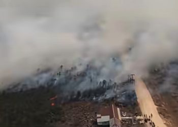 Penampakan dari udara karhutla yang terjadi di Desa Pulau Beruang dan Petaling, Kecamatan Tulung Selapan, Kabupaten Ogan Komering Ilir (OKI), pada Senin (5/10/2026) kemarin. (fornews.co/tangkap layar)
